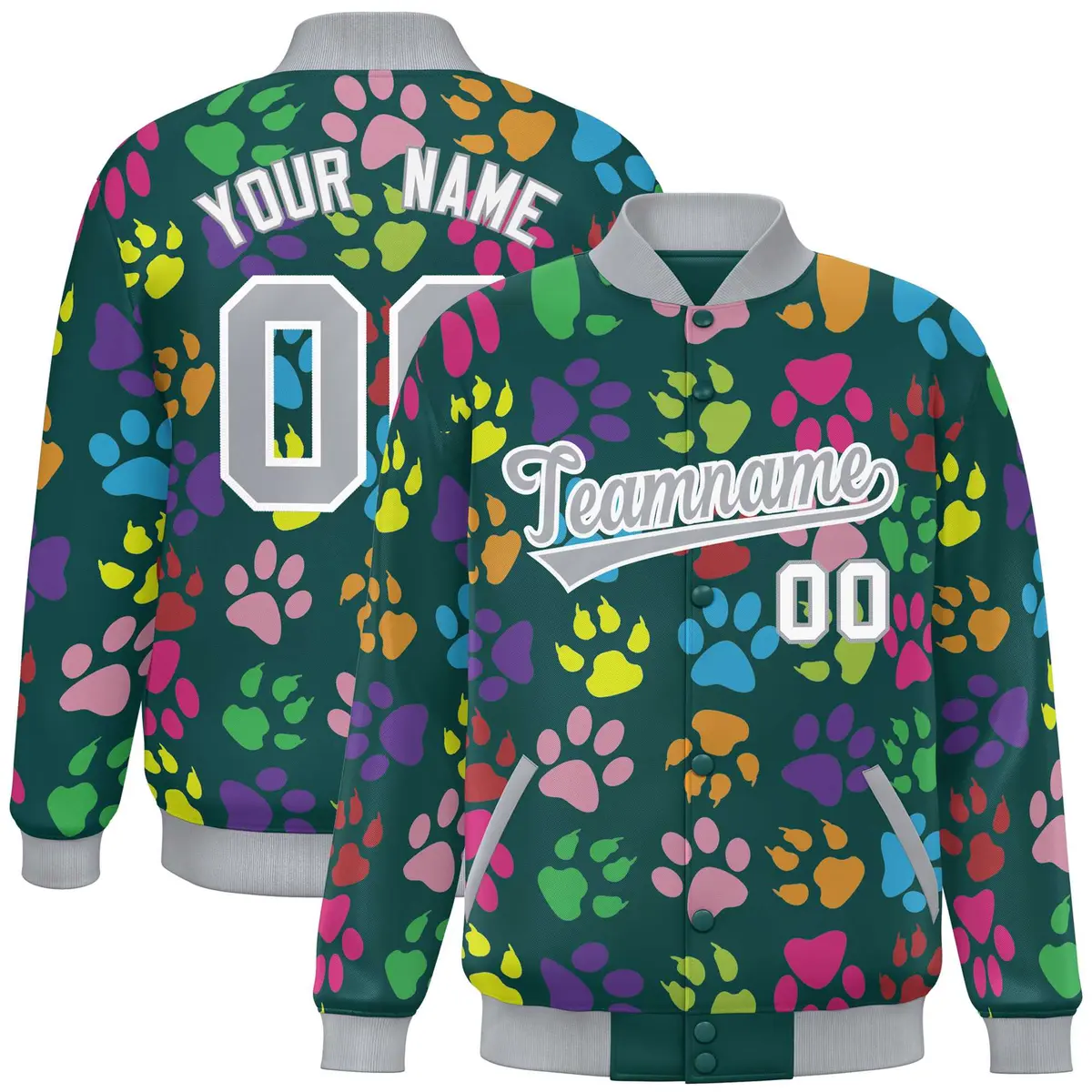 Midnight Green Gray-White Varsity Paw Prints Graffiti Letterman Jacket