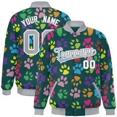Midnight Green Gray-White Varsity Paw Prints Graffiti Letterman Jacket