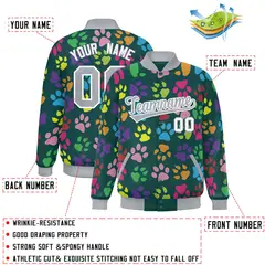 Midnight Green Gray-White Varsity Paw Prints Graffiti Letterman Jacket 2