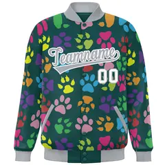 Midnight Green Gray-White Varsity Paw Prints Graffiti Letterman Jacket 3
