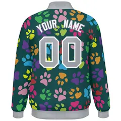 Midnight Green Gray-White Varsity Paw Prints Graffiti Letterman Jacket 4
