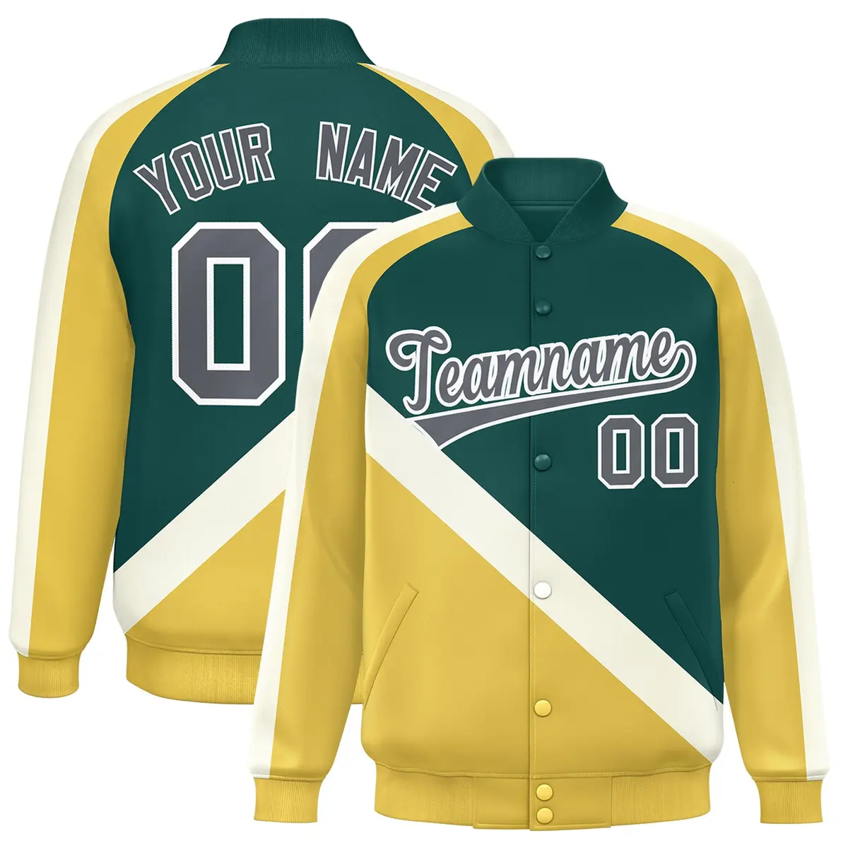 Midnight Green Khaki Raglan Varsity Full-Snap Letterman Baseball Jacket