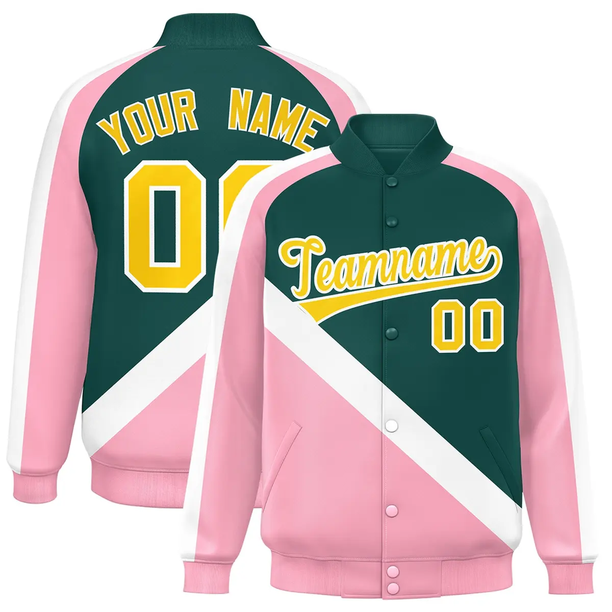 Midnight Green Light Pink Raglan Full-Snap Letterman Baseball Jacket
