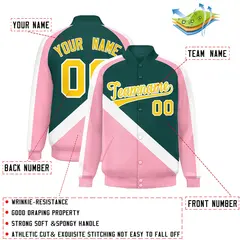 Midnight Green Light Pink Raglan Full-Snap Letterman Baseball Jacket 2