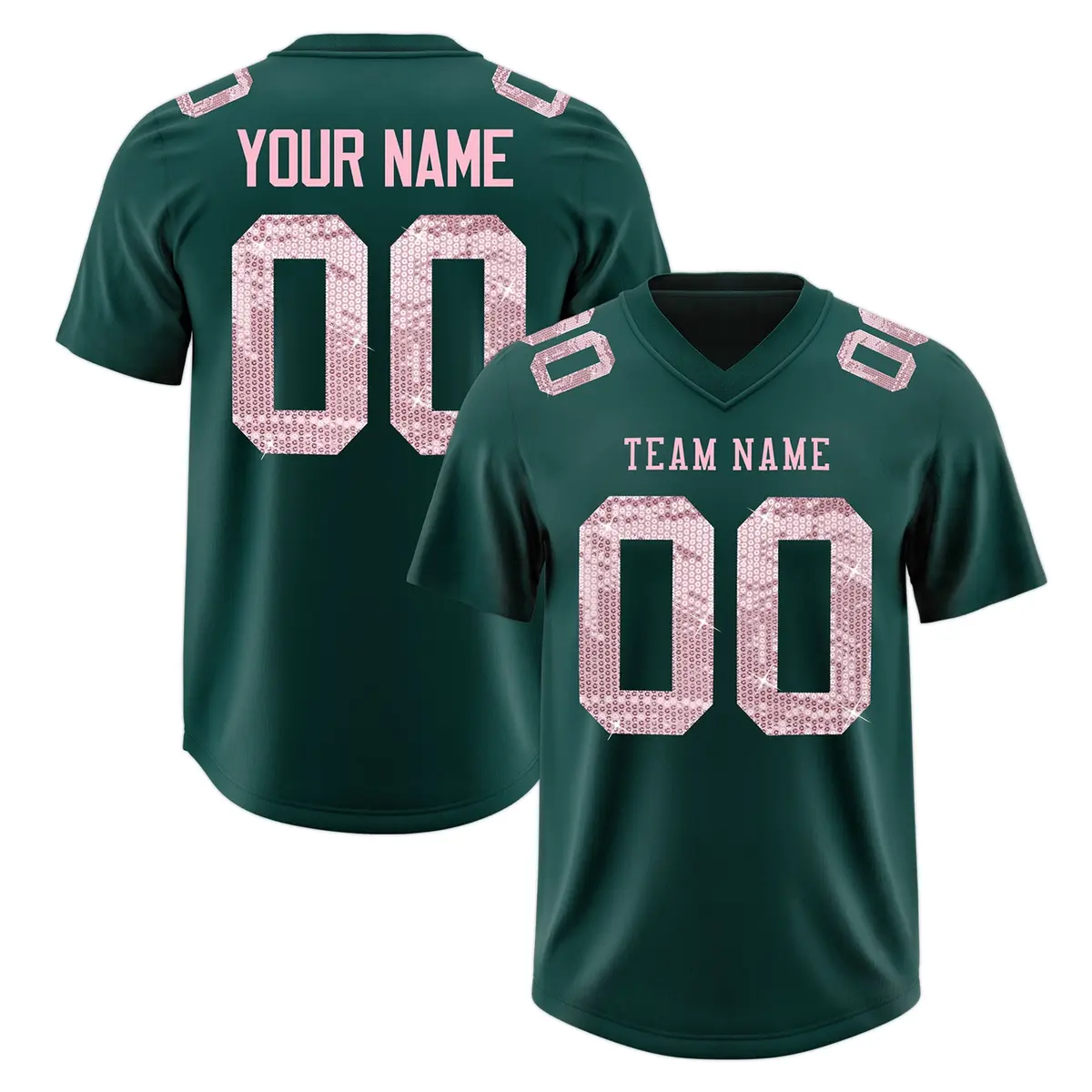Midnight Green Light Pink Sequin Lettering Football Jersey