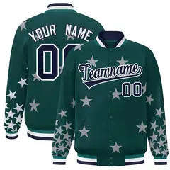 Midnight Green Navy-White Star Graffiti Varsity Full-Snap Bomber Jacket