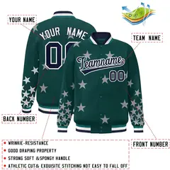 Midnight Green Navy-White Star Graffiti Varsity Full-Snap Bomber Jacket 2