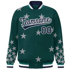 Midnight Green Navy-White Star Graffiti Varsity Full-Snap Bomber Jacket 3