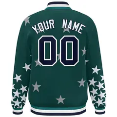 Midnight Green Navy-White Star Graffiti Varsity Full-Snap Bomber Jacket 4