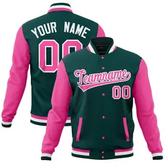 Midnight Green Pink Full-Snap Raglan Sleeves Varsity Letterman Baseball Jacket