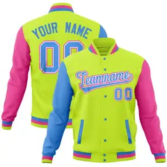 Midnight Green Pink-Powder Blue Full-Snap Raglan Varsity Letterman Jacket 1