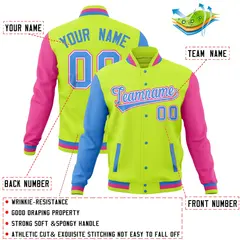 Midnight Green Pink-Powder Blue Full-Snap Raglan Varsity Letterman Jacket 4