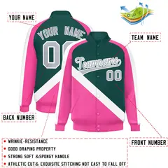 Midnight Green Pink Raglan Full-Snap Letterman Baseball Jacket 2