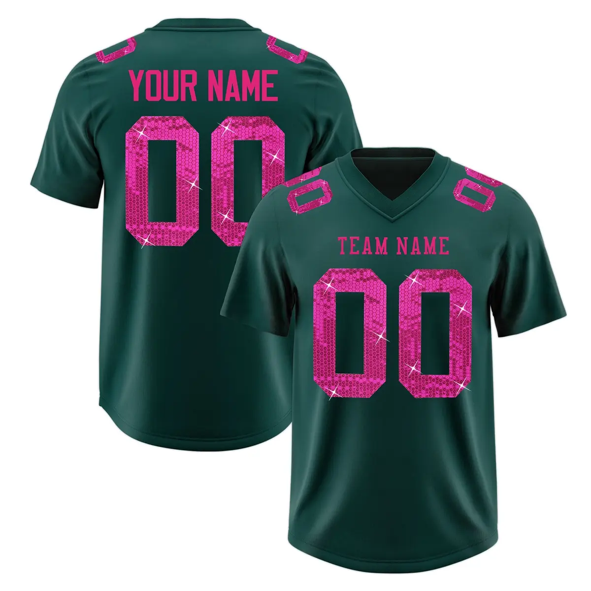 Midnight Green Pink Sequin Lettering Football Jersey
