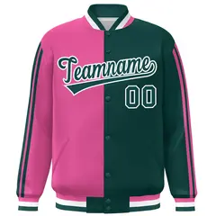 Midnight Green Pink-White Color Block Varsity Baseball Bomber Jacket 3