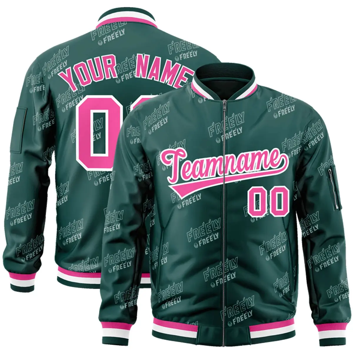 Midnight Green Pink-White Full-Zip Varsity Letter Bomber Jacket