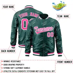 Midnight Green Pink-White Full-Zip Varsity Letter Bomber Jacket 2