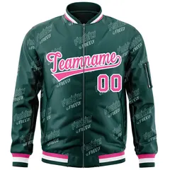 Midnight Green Pink-White Full-Zip Varsity Letter Bomber Jacket 3