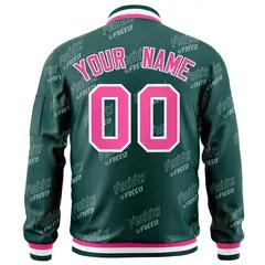 Midnight Green Pink-White Full-Zip Varsity Letter Bomber Jacket 4