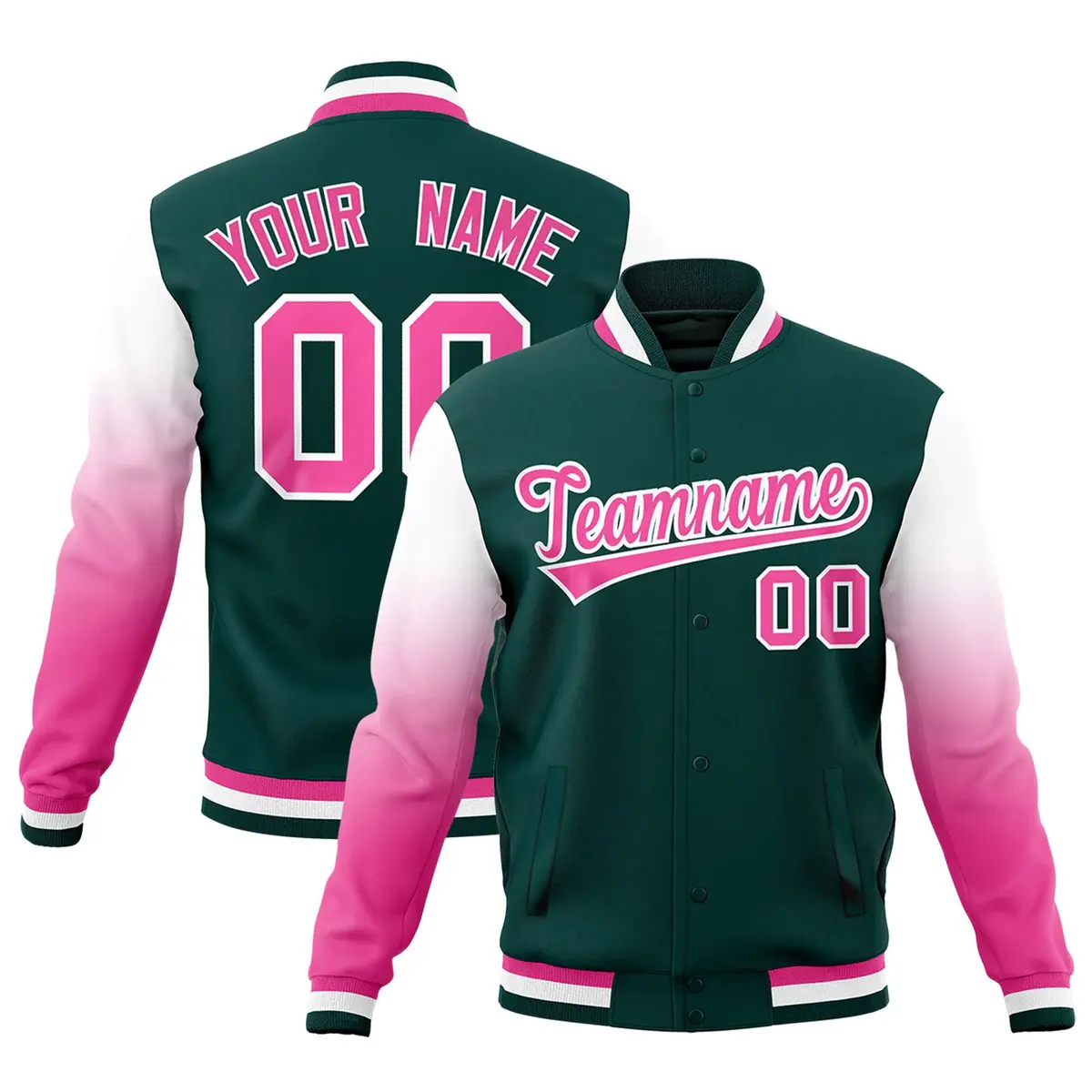 Midnight Green Pink White Gradient Raglan Varsity Letterman Jacket