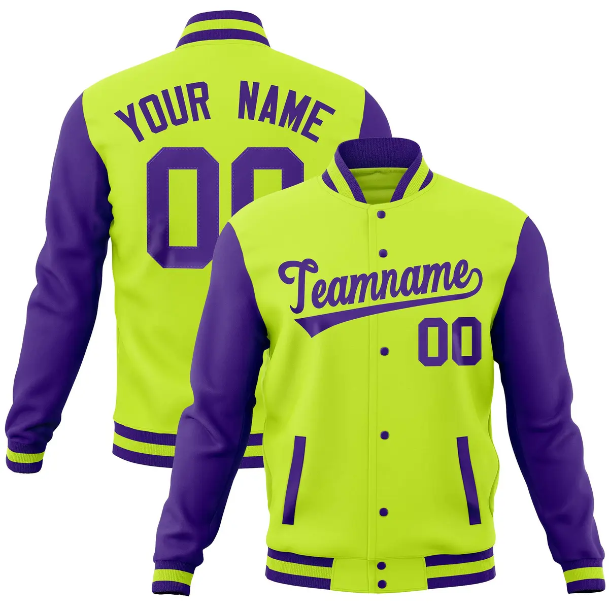 Midnight Green Purple Full-Snap Raglan Varsity Letterman Jacket