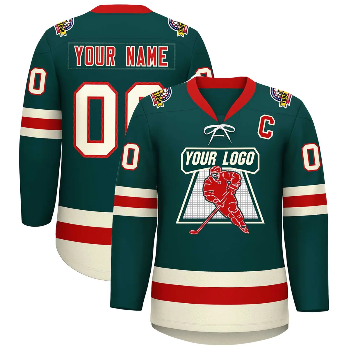Midnight Green Red-Cream Lace-Up Neck Hockey Jersey