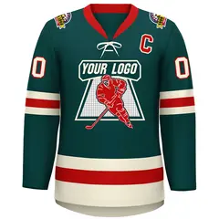 Midnight Green Red-Cream Lace-Up Neck Hockey Jersey 3