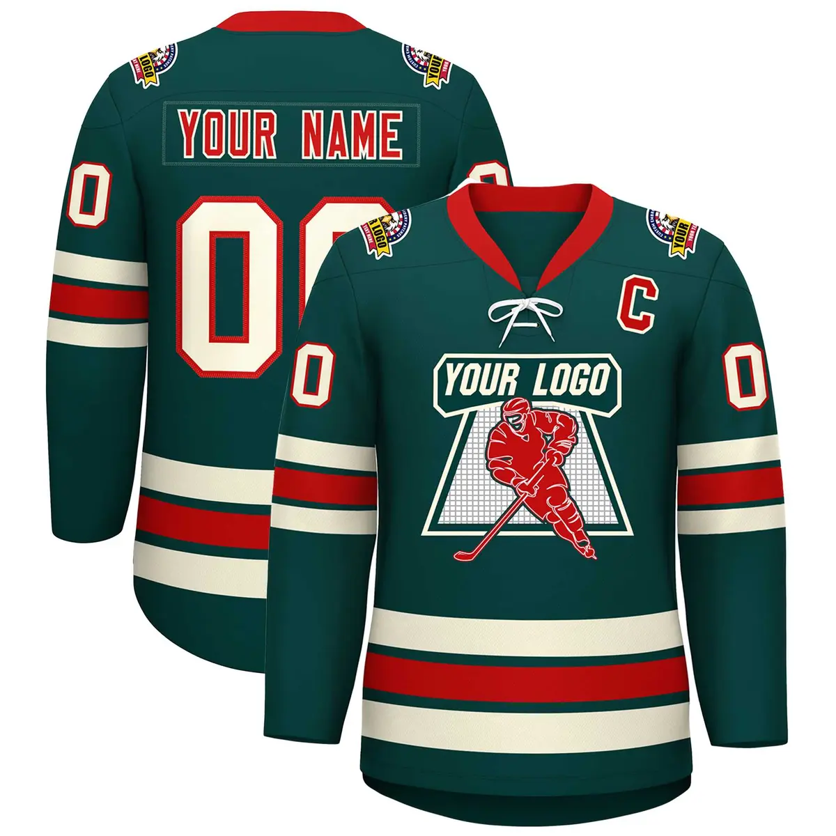 Midnight Green Red-Cream Lace-Up Neck Hockey Jersey