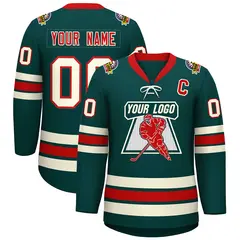 Midnight Green Red-Cream Lace-Up Neck Hockey Jersey