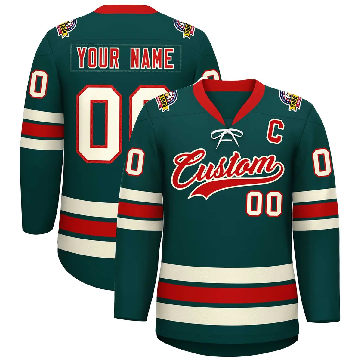 Midnight Green Red-Cream Lace-Up Neck Hockey Jersey