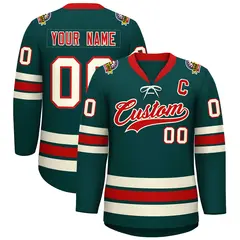 Midnight Green Red-Cream Lace-Up Neck Hockey Jersey