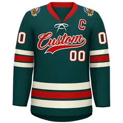 Midnight Green Red-Cream Lace-Up Neck Hockey Jersey 3