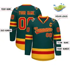 Midnight Green Red-Gold Classic Style Hockey Jersey 2