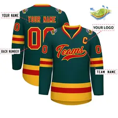 Midnight Green Red-Gold Classic Style Hockey Jersey 2