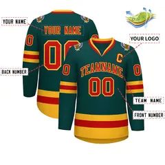 Midnight Green Red-Gold Classic Style Hockey Jersey 2