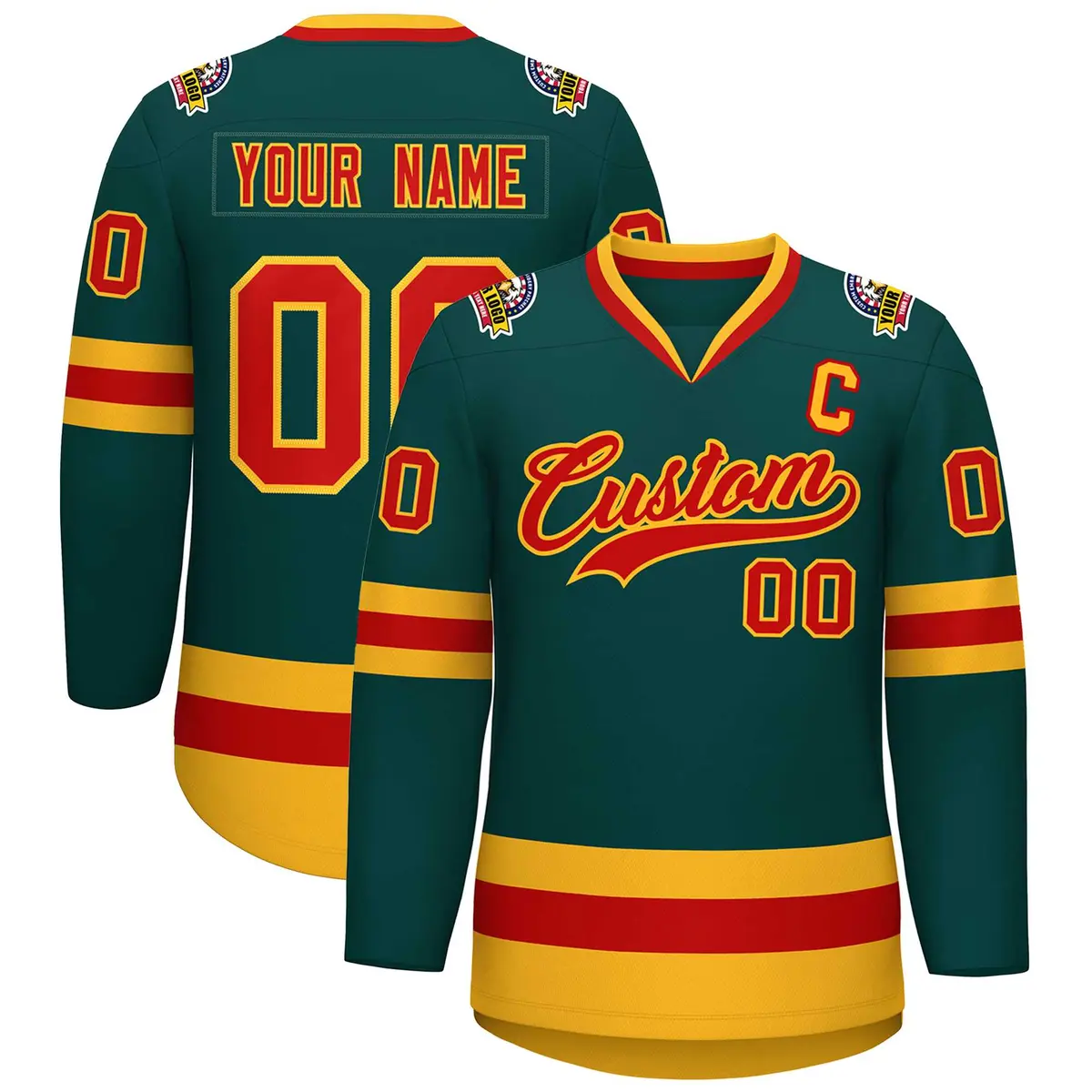 Midnight Green Red-Gold Classic Style Hockey Jersey