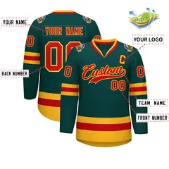 Midnight Green Red-Gold Classic Style Hockey Jersey 2