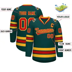 Midnight Green Red-Gold Classic Style Hockey Jersey 2