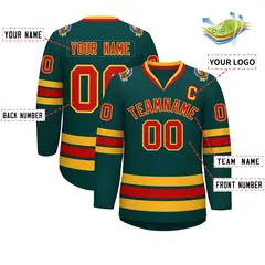 Midnight Green Red-Gold Classic Style Hockey Jersey 2