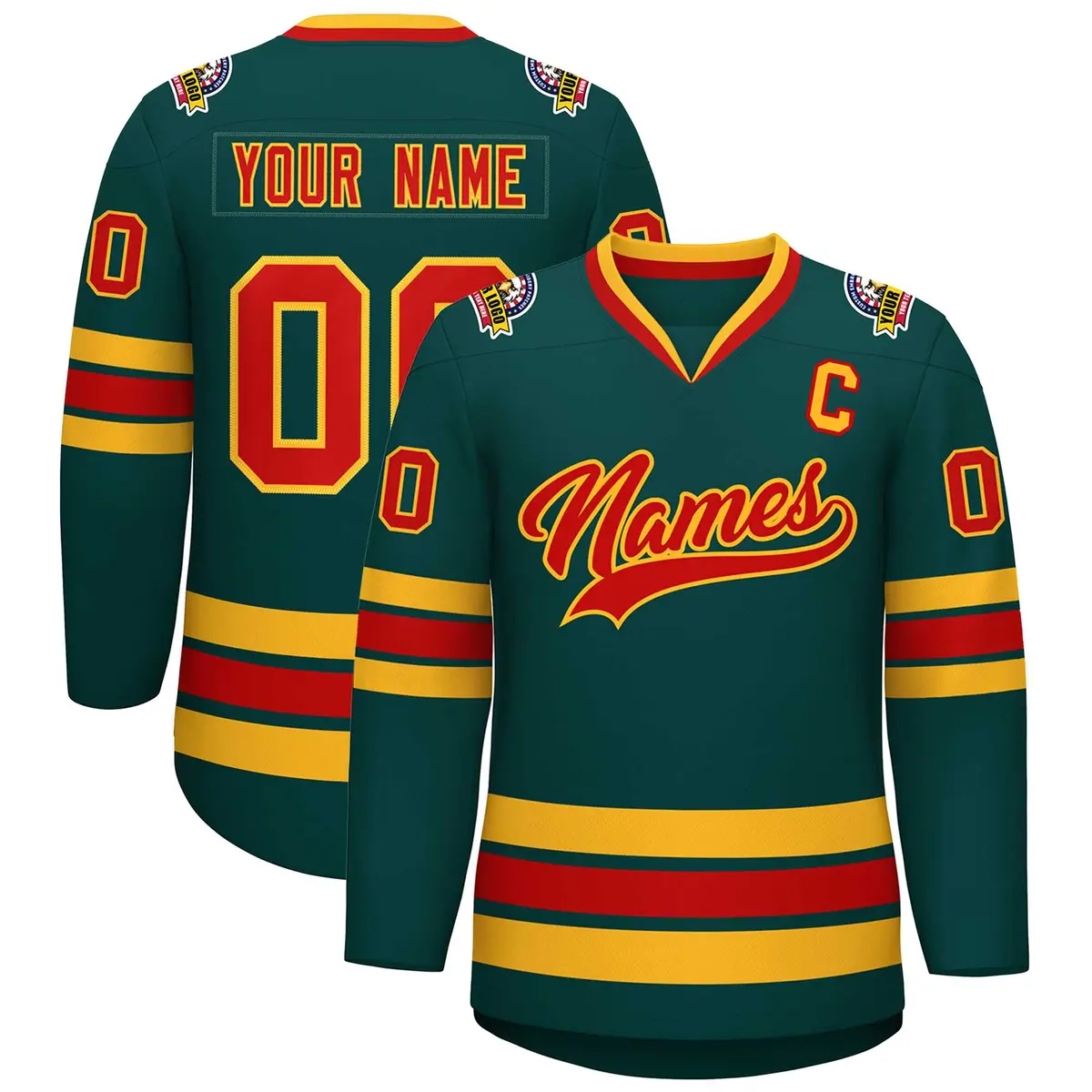 Midnight Green Red-Gold Classic Style Hockey Jersey