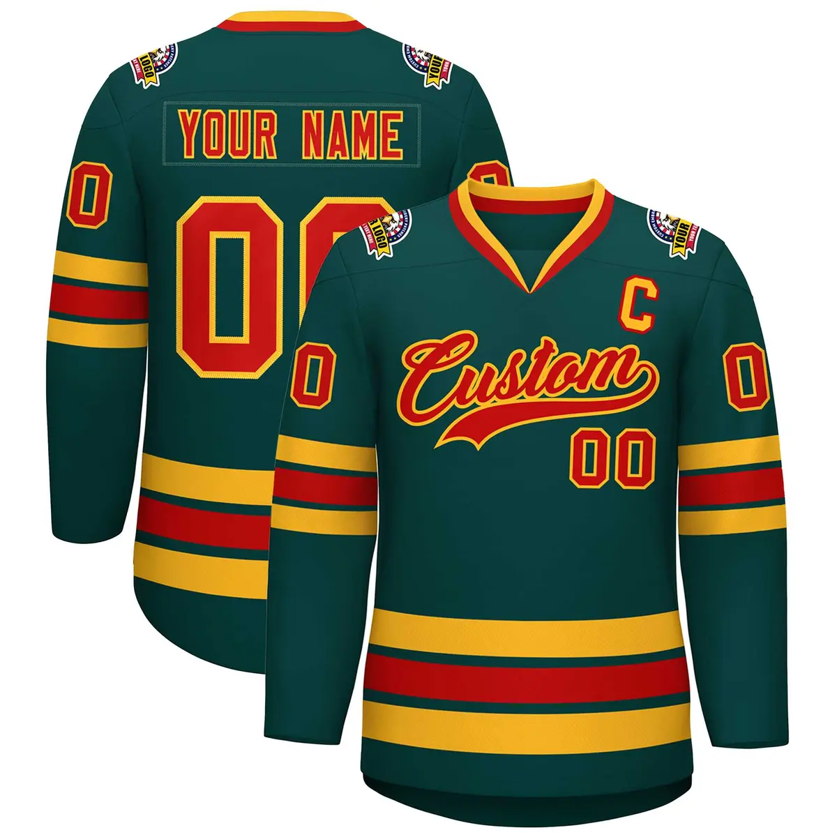 Midnight Green Red-Gold Classic Style Hockey Jersey