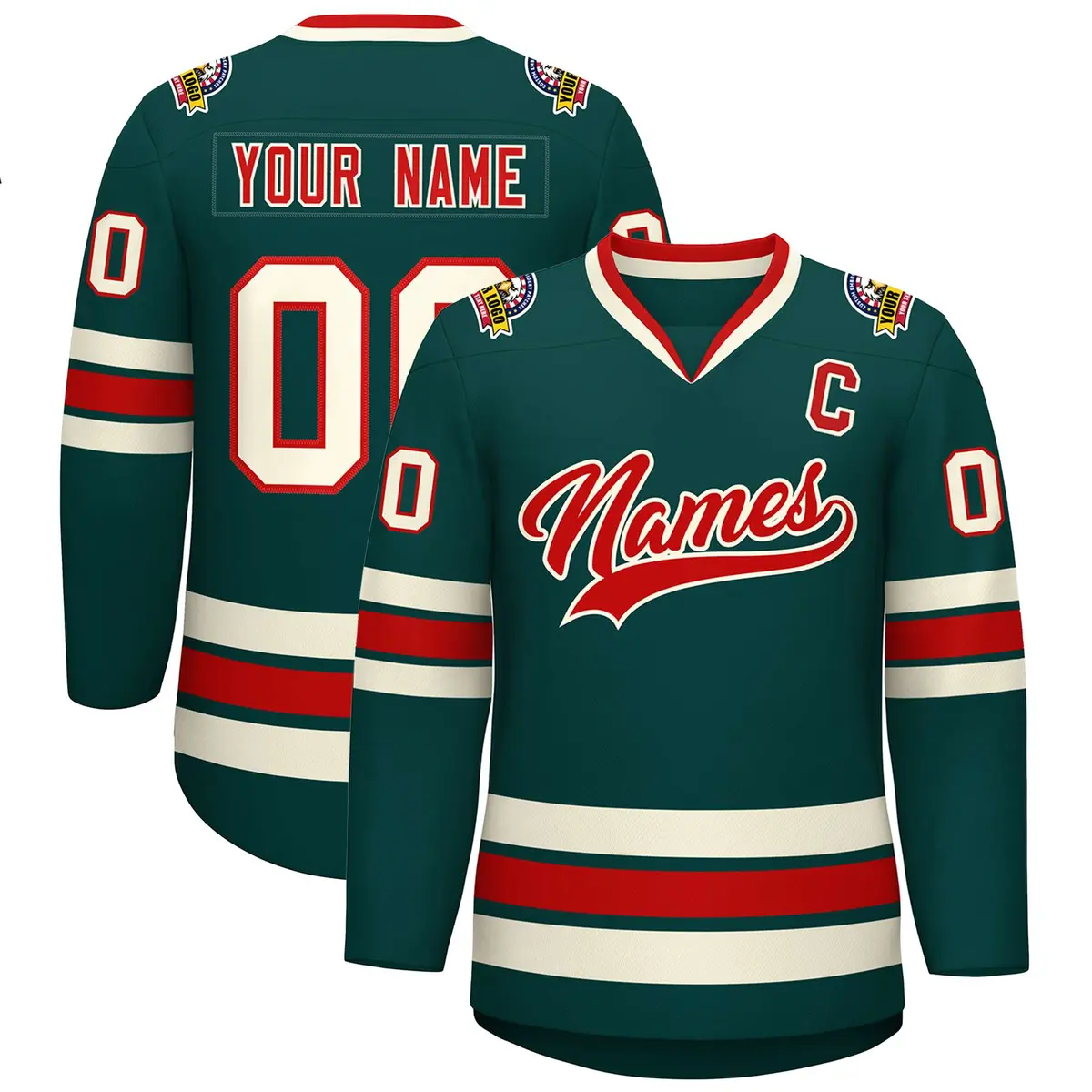 Midnight Green Red-Khaki Classic Style Hockey Jersey
