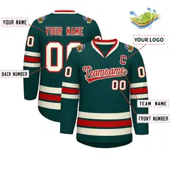 Midnight Green Red-Khaki Classic Style Hockey Jersey 2