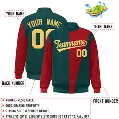 Midnight Green Red-Khaki Color Block Varsity Full-Snap Bomber Jacket 2