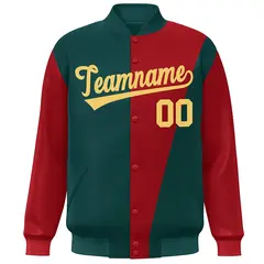 Midnight Green Red-Khaki Color Block Varsity Full-Snap Bomber Jacket 3