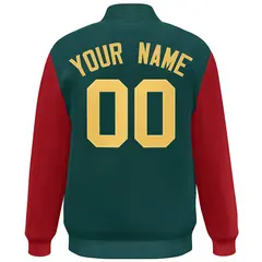 Midnight Green Red-Khaki Color Block Varsity Full-Snap Bomber Jacket 4