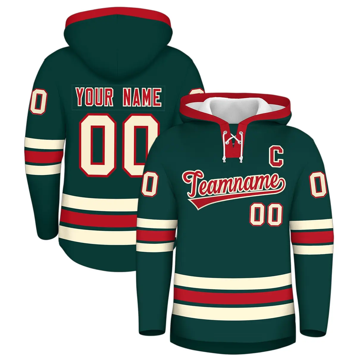 Midnight Green Red Lace-Up Neck Hockey Hoodie