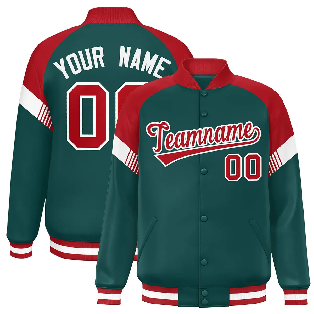Midnight Green Red-White Color Block Varsity Letterman Jacket