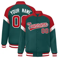 Midnight Green Red-White Color Block Varsity Letterman Jacket