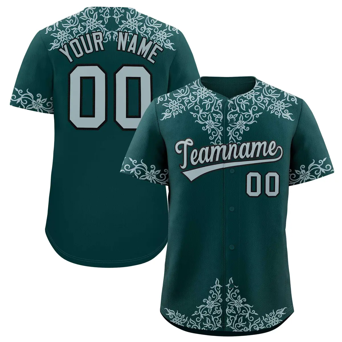 Midnight Green Silver Baroque Style Baseball Jersey